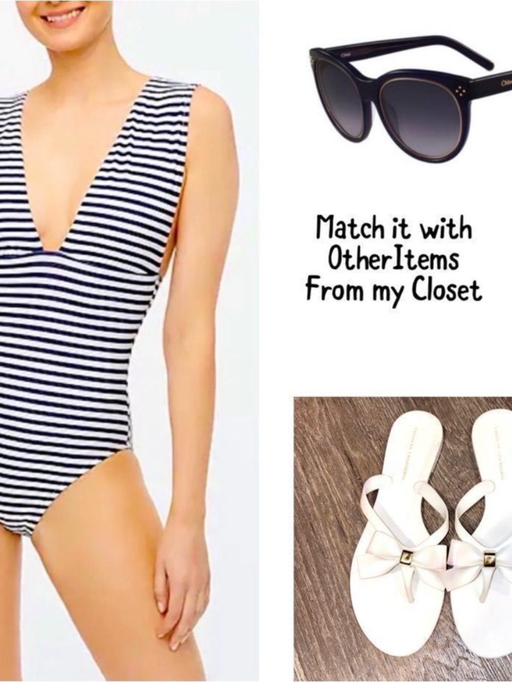 J. Crew Navy White Striped One Piece Swimsuit Deep V - Picture 6 of 12